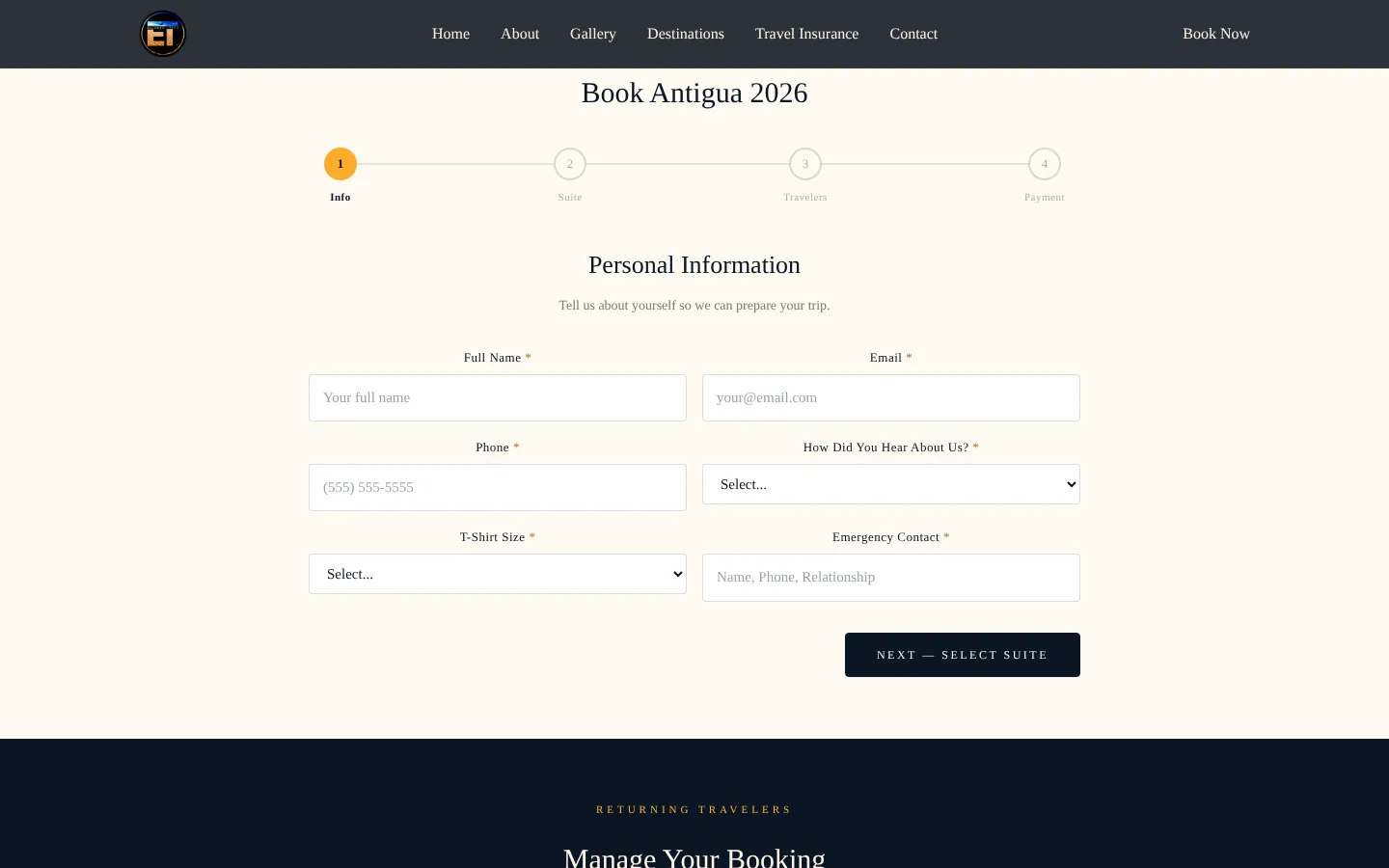 Booking step one: the traveller’s details, with the four steps marked above.