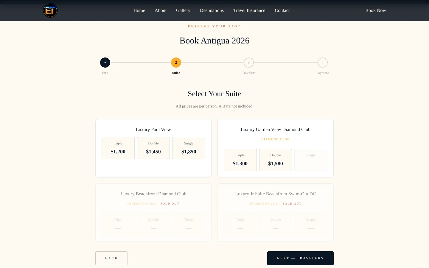 Booking step two: choosing a suite and how many share it, priced per person.
