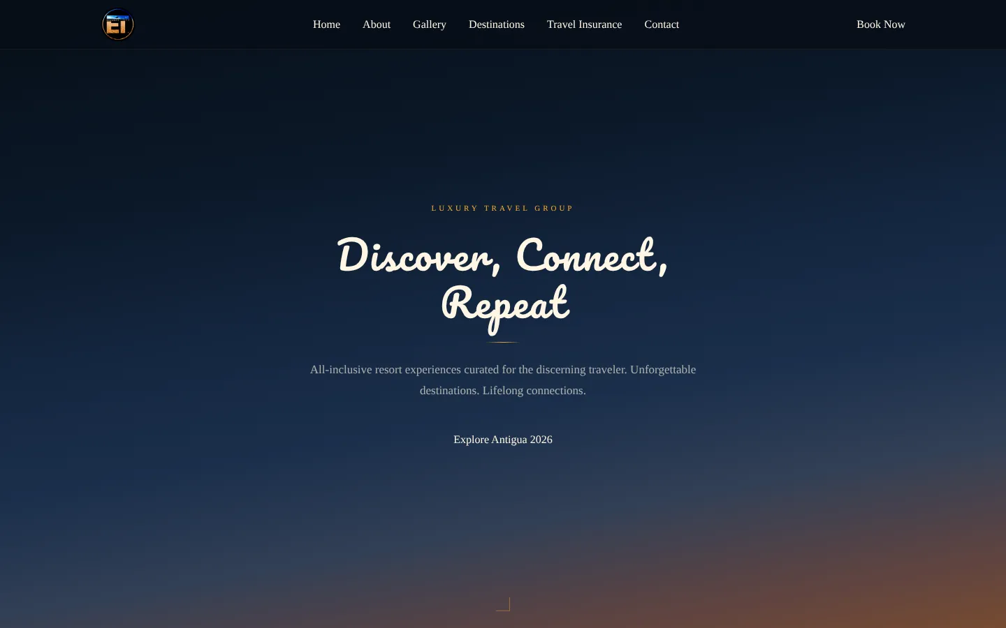 The Exclusivity Trips home page on a desktop: Discover, Connect, Repeat over a sunset sky.