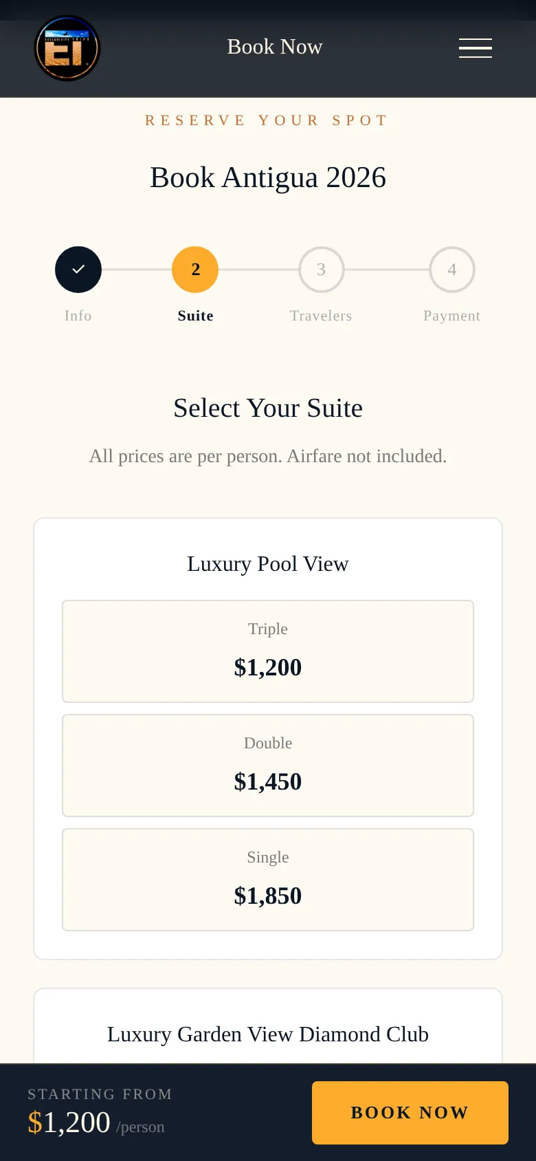 Choosing a suite on a phone, with the price and Book Now pinned to the bottom.