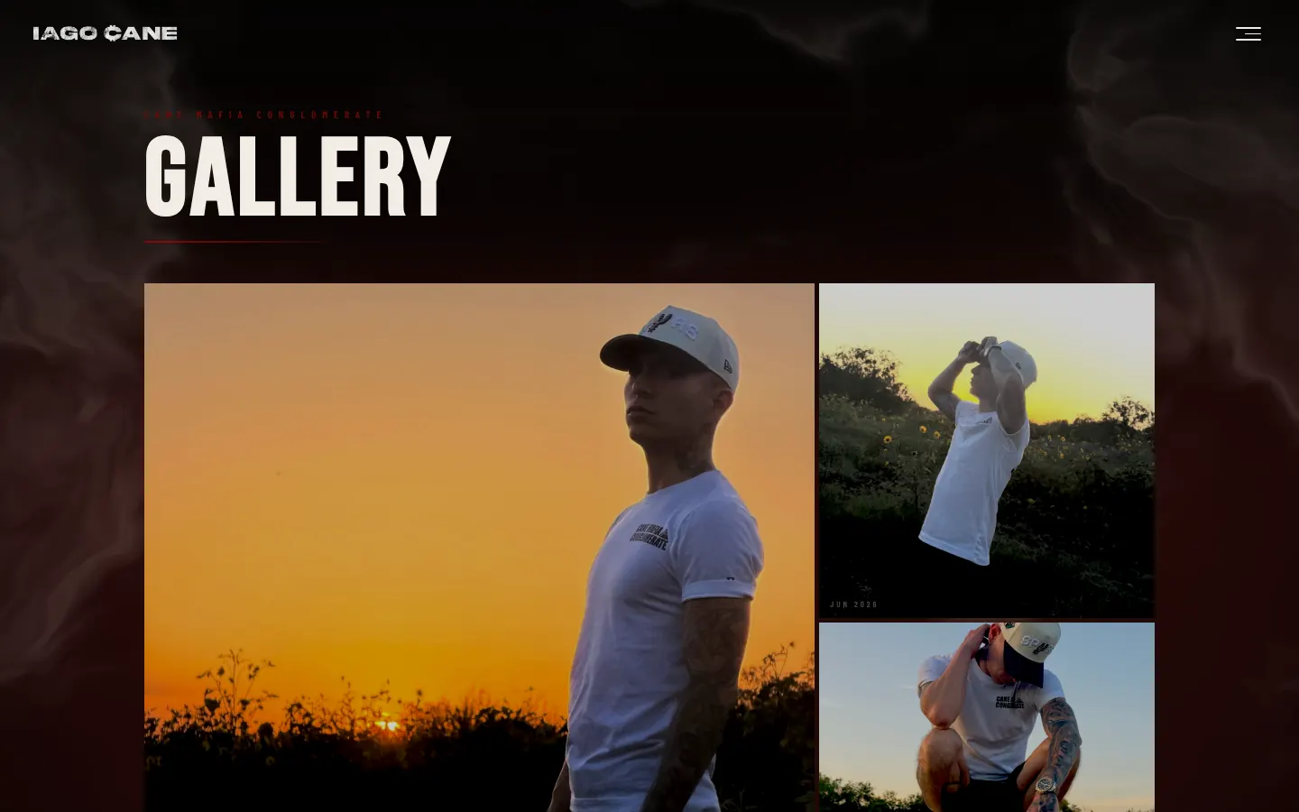 The gallery page: photographs of Iago Cane at sunset in an alternating editorial layout.