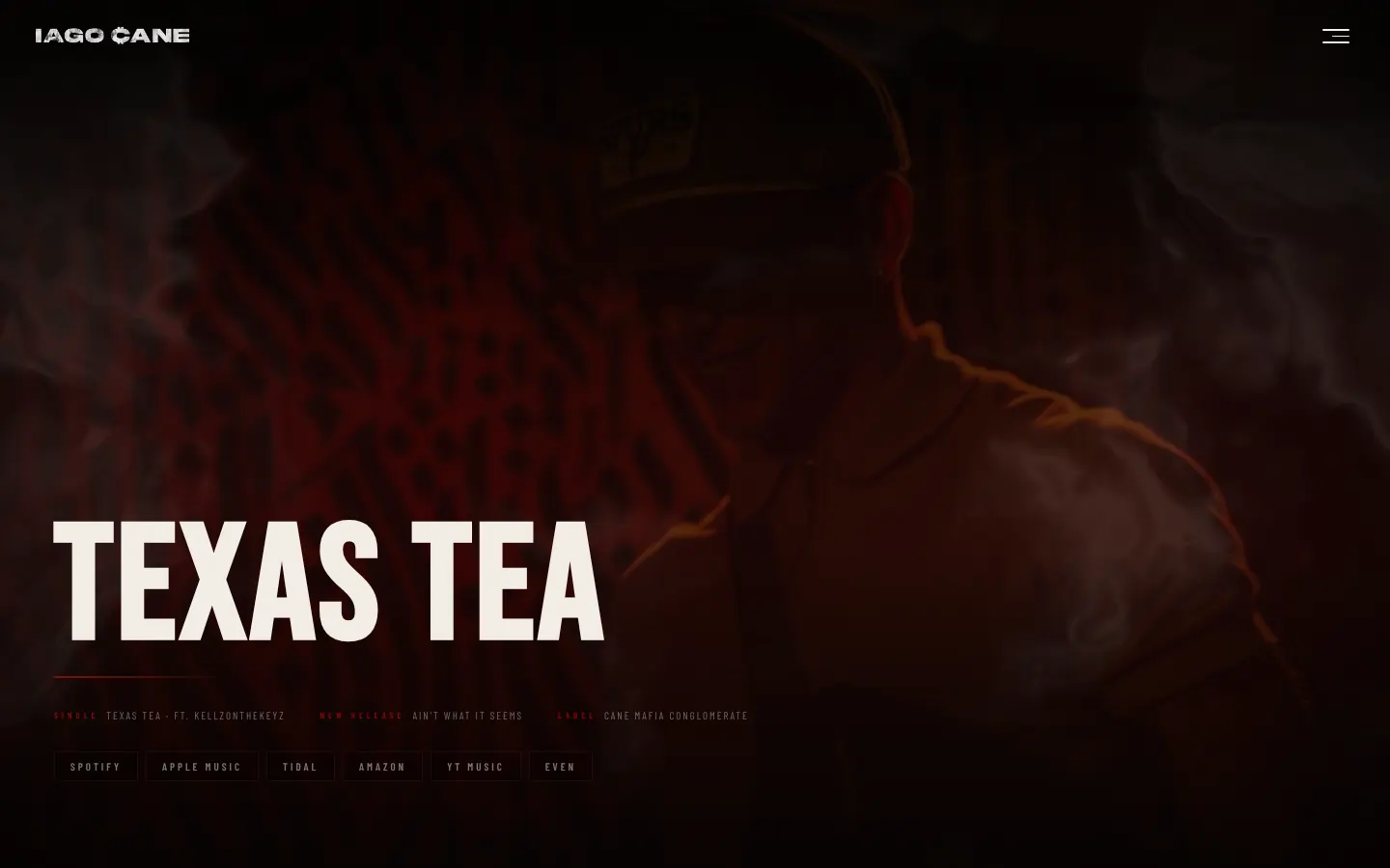 The Iago Cane home page on a desktop: the single Texas Tea over the red marble background.