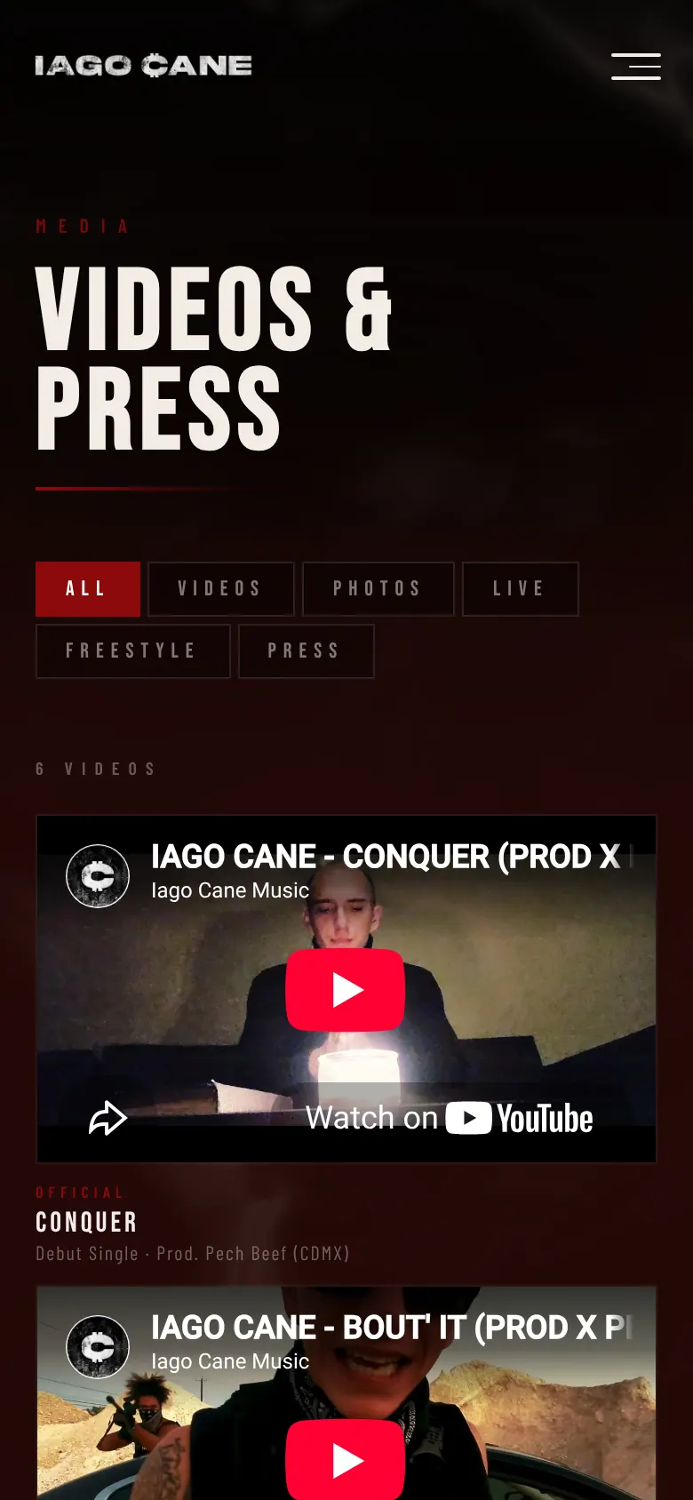 The videos page on a phone, sorted by type.